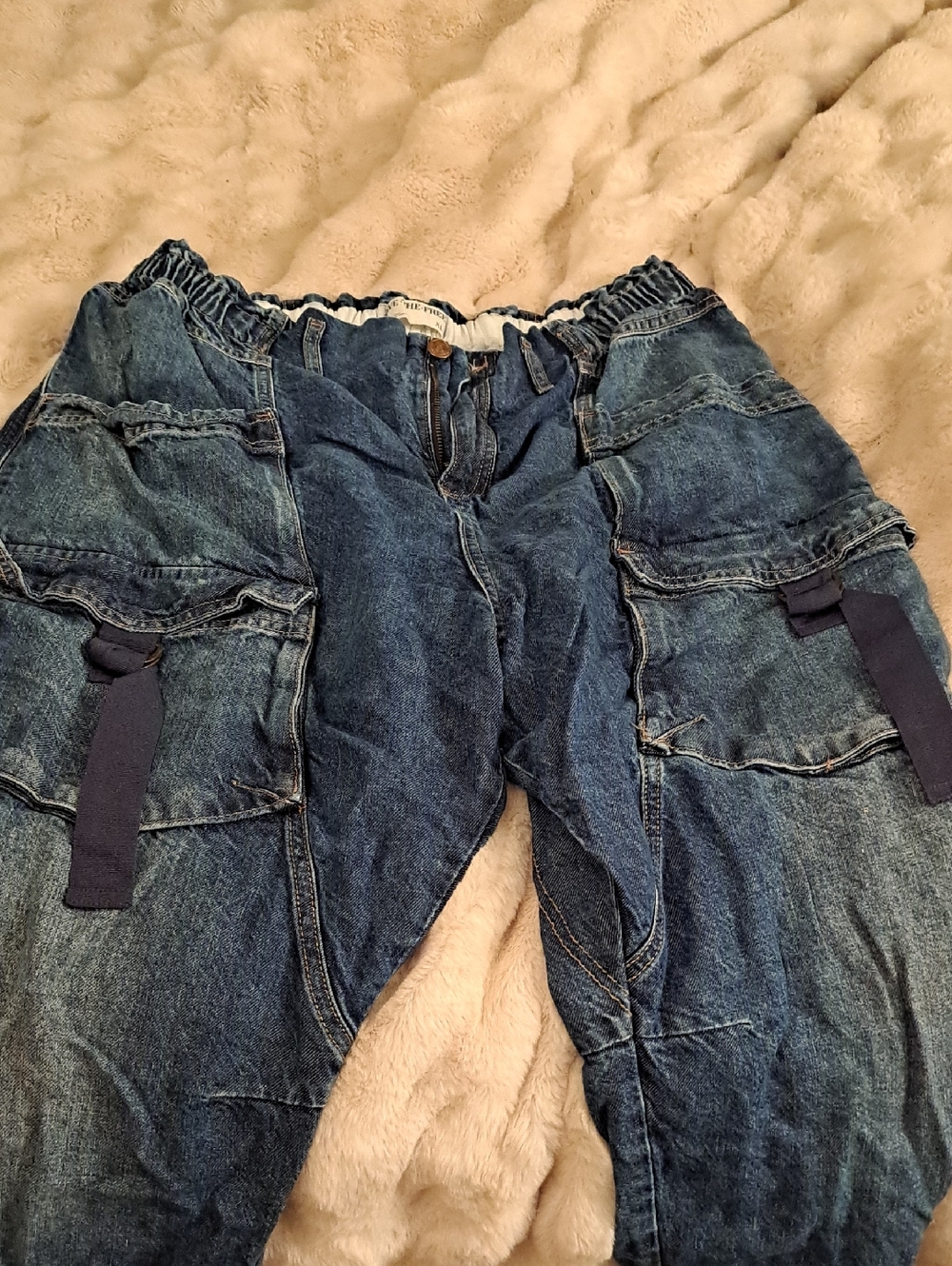 We The Free Relaxed Blue Denim Cargo Jeans ,Utility Pockets/ Dring Straps SzXL